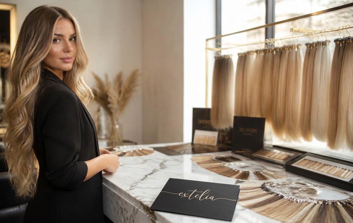 A blonde hair extension specialist in a luxury studio surrounded by blonde hair extension bundles and color rings