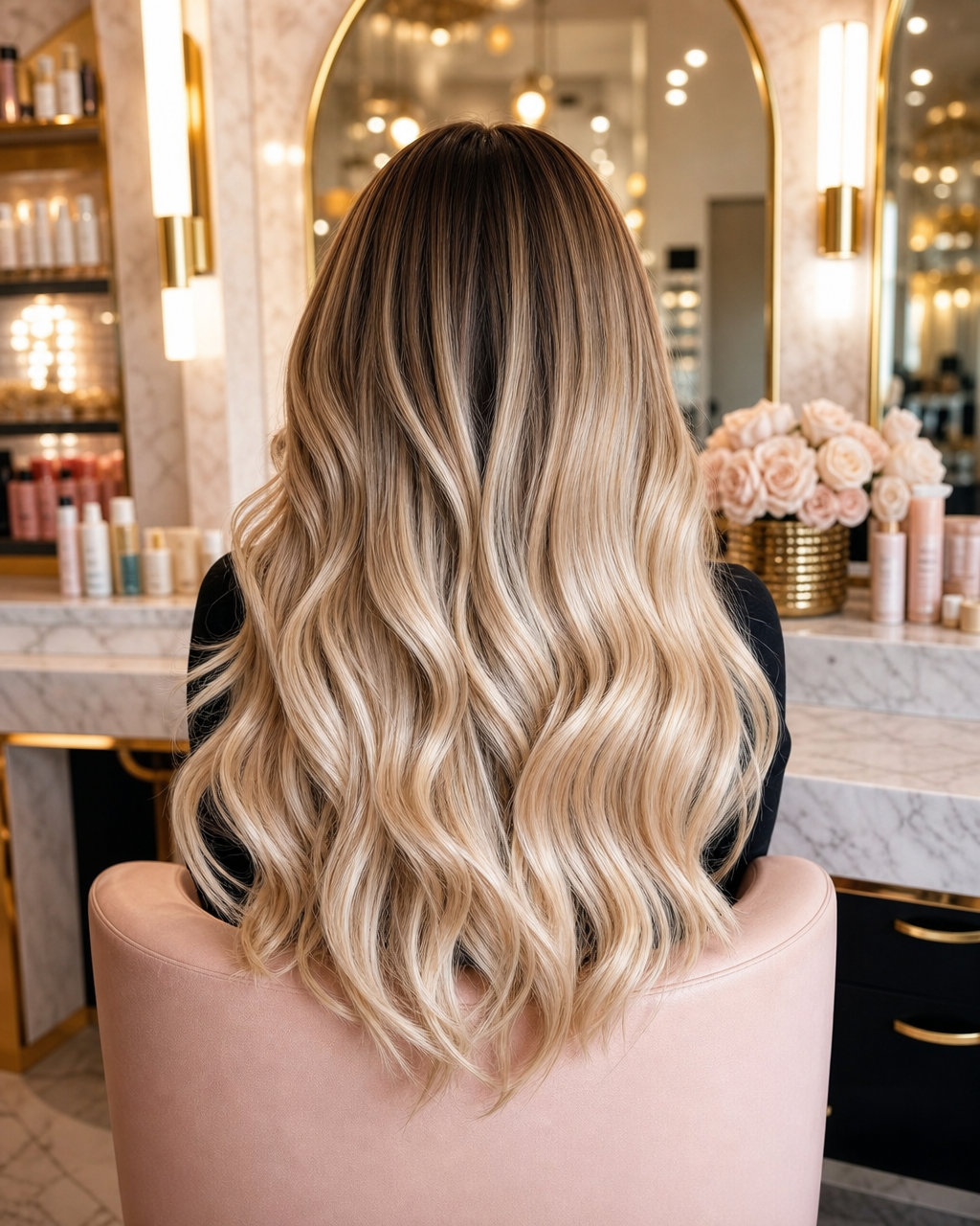 A finished balayage extension install viewed from behind, in a salon