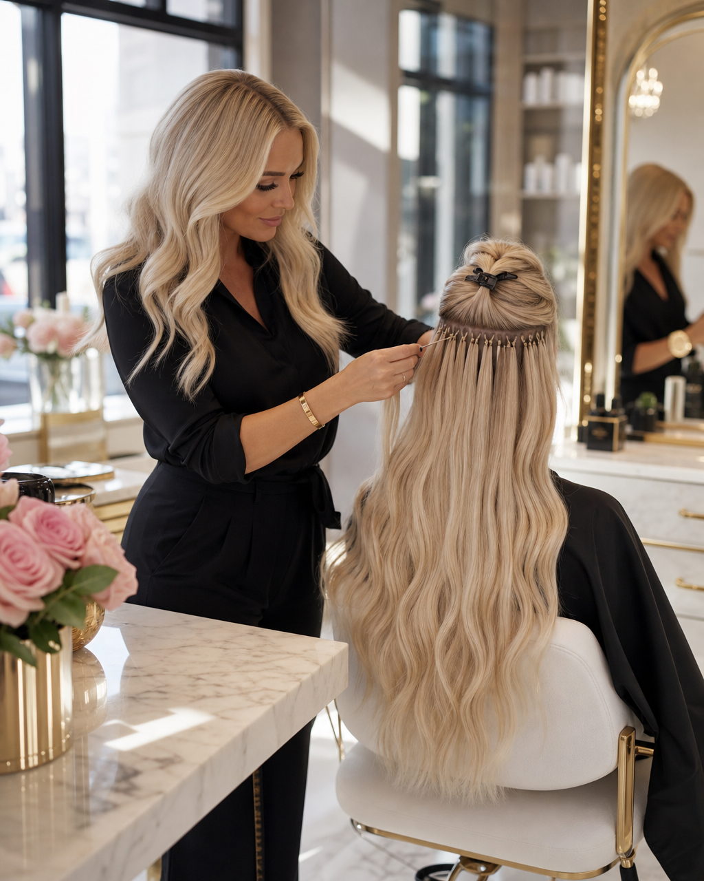 A specialist sectioning and installing bead extensions on a blonde client